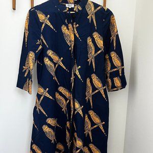 Zuri "Heart to Heart" dress, navy with yellow parrots, XS standard length
